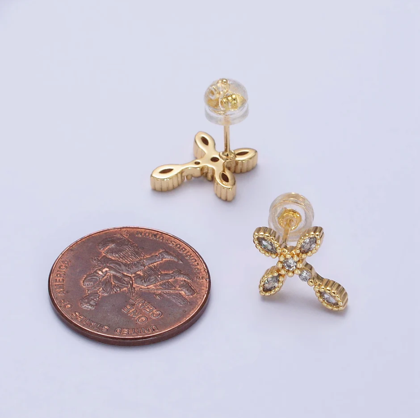16K Gold Filled Marquise CZ Religious Cross Stud Earrings