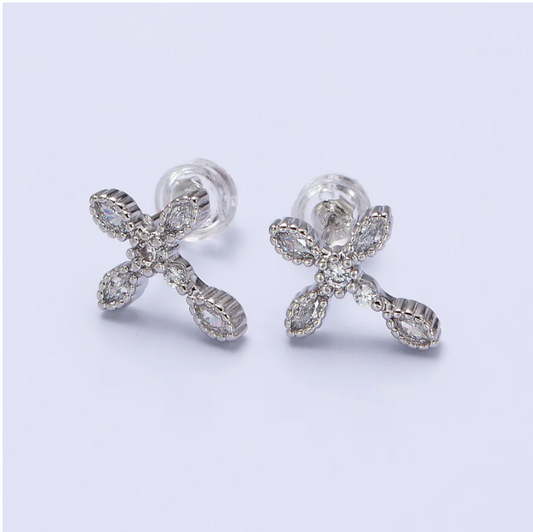 Gold Filled Marquise CZ Religious Cross Stud Earrings