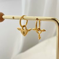 18K Gold Key Heart Drop Earrings