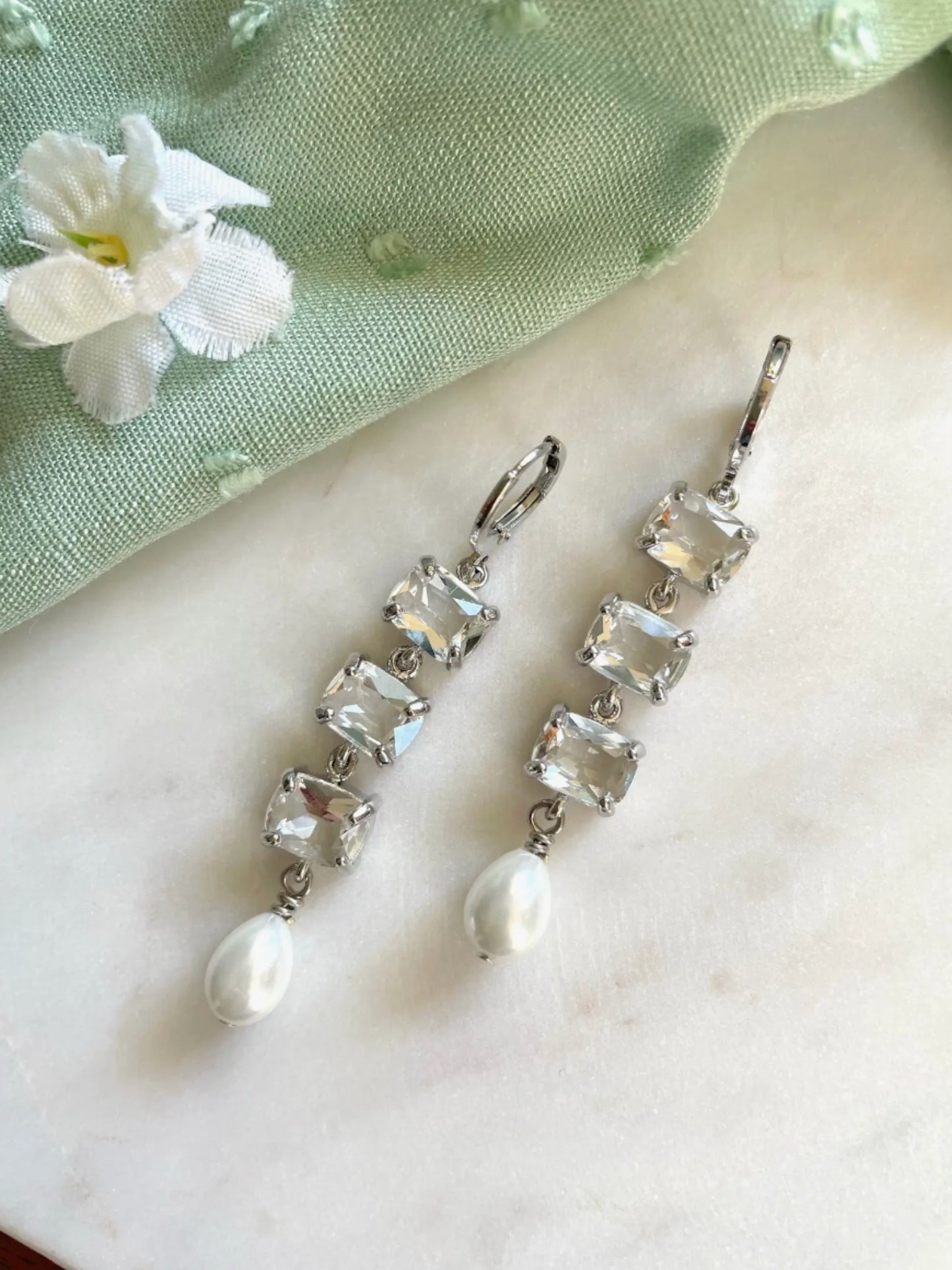 Emary Pearl Layered Square Crystal Earrings