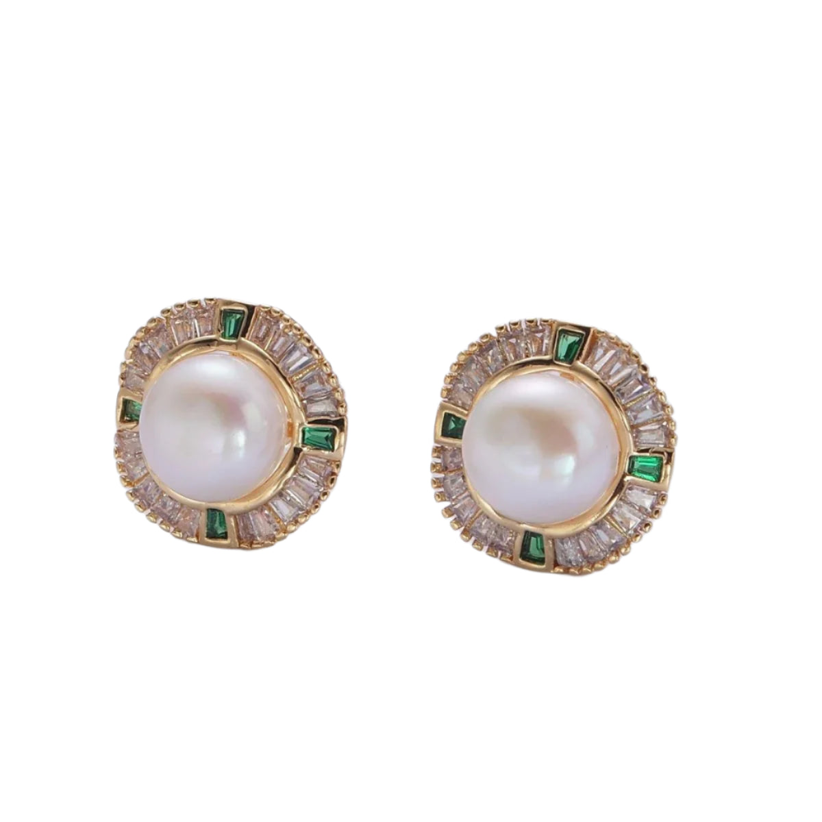 18K Emerald CZ Pearl Studs