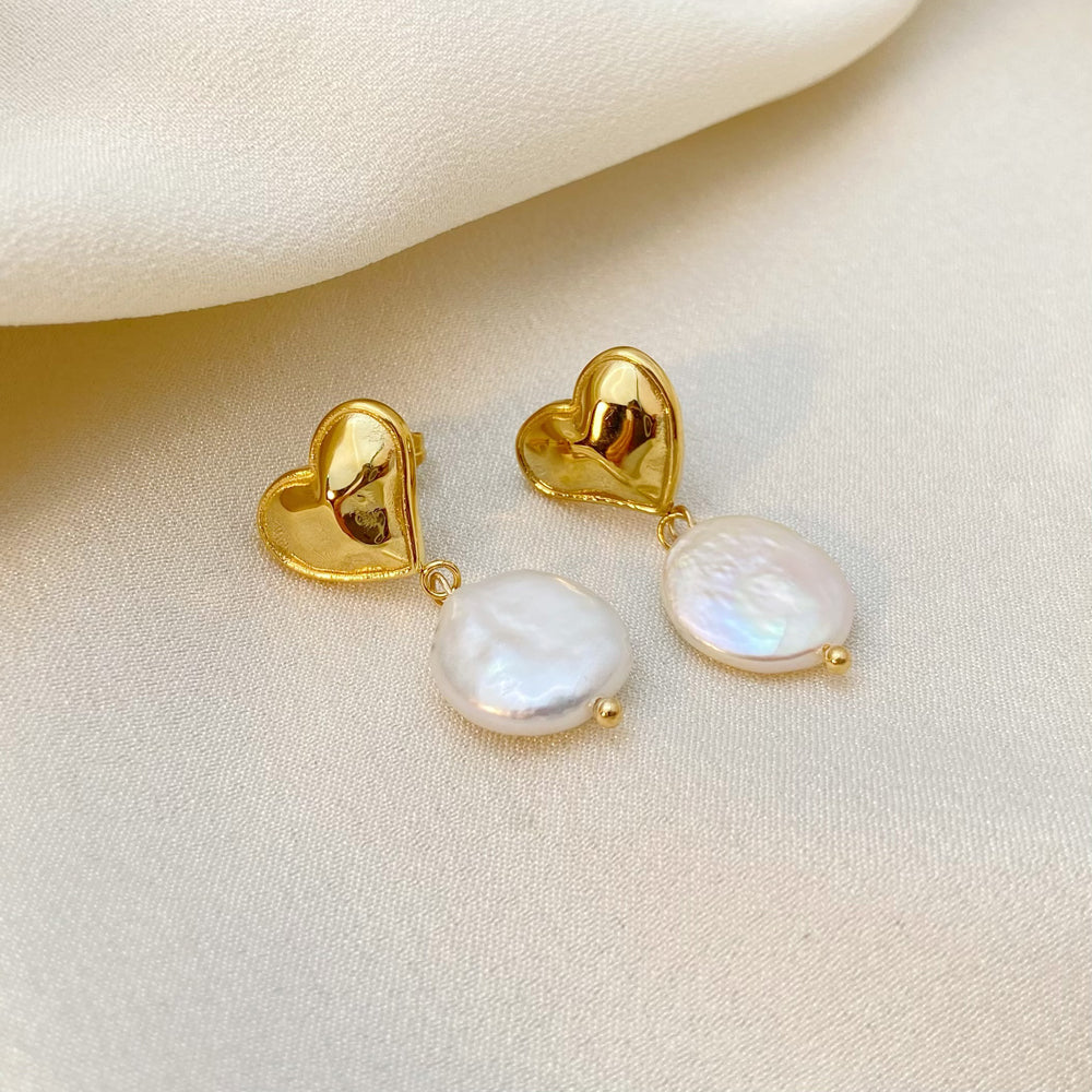 18K Heart Freshwater Pearl Pendant Earrings