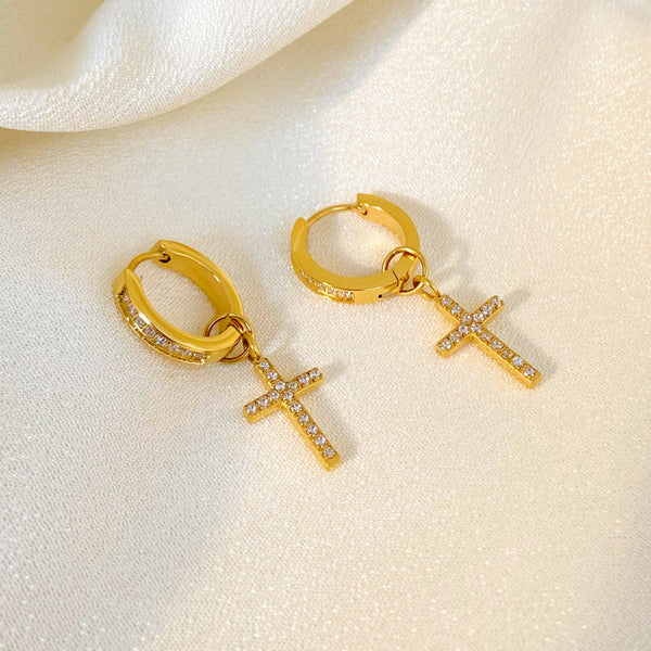 18K Cross Diamond Pendant Huggie Hoop Earrings