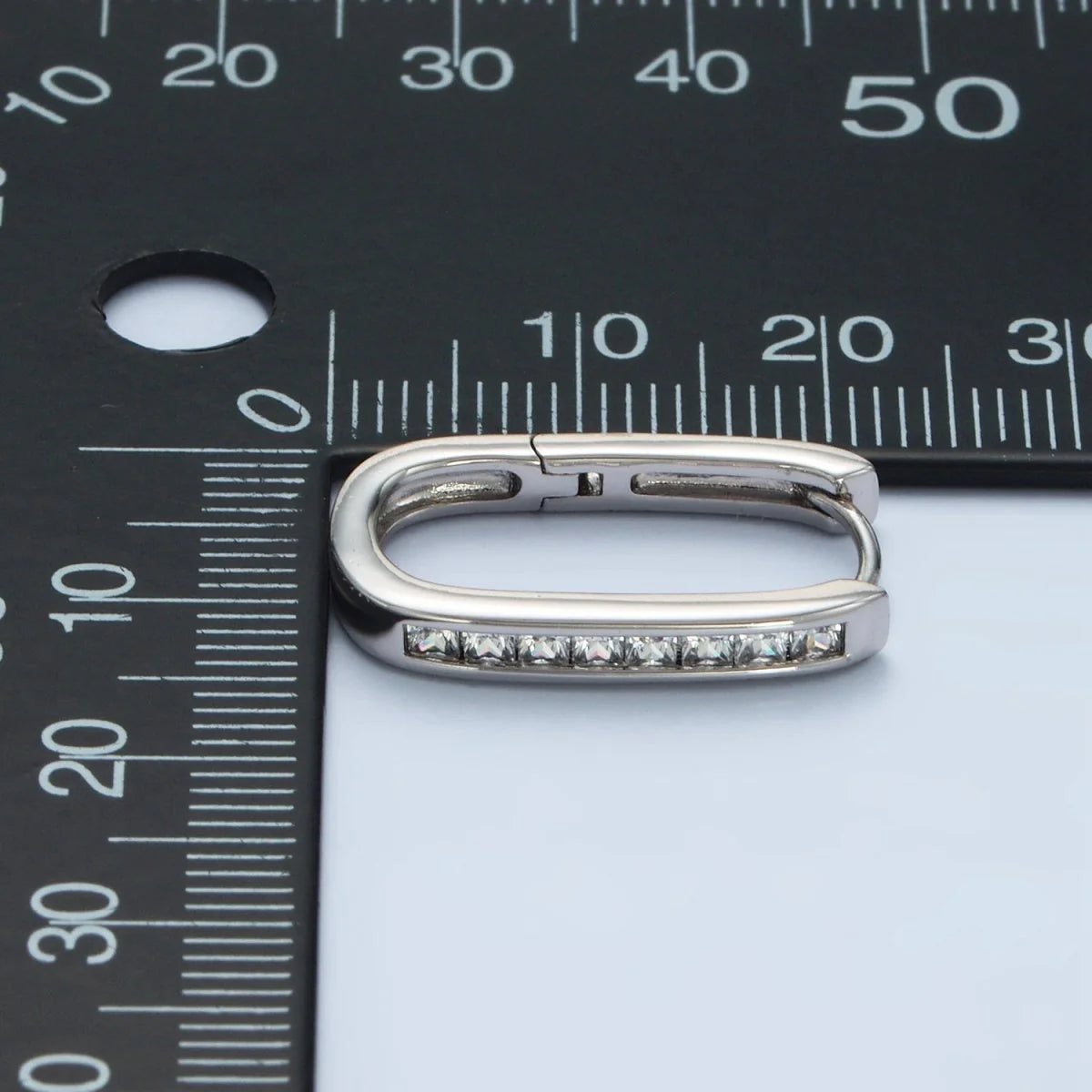 White Gold Fill 22mm Clear CZ Lined Oblong Hoop Earrings