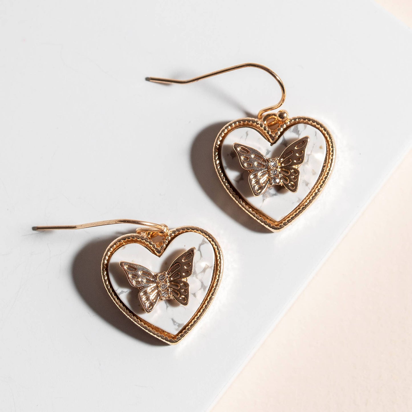 Stone Heart and Butterfly Earrings, White Marble