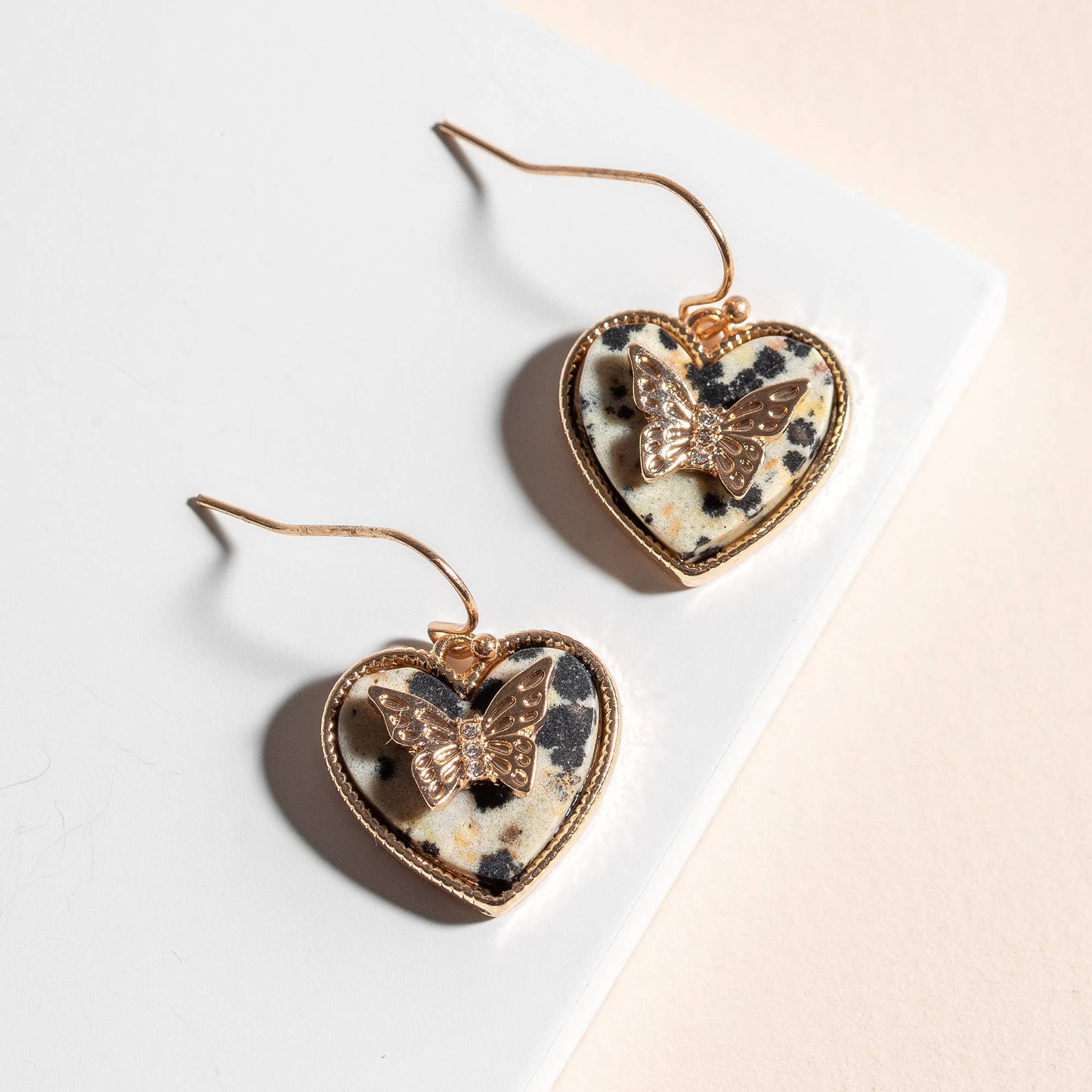 Stone Heart and Butterfly Earrings, Dalmatian