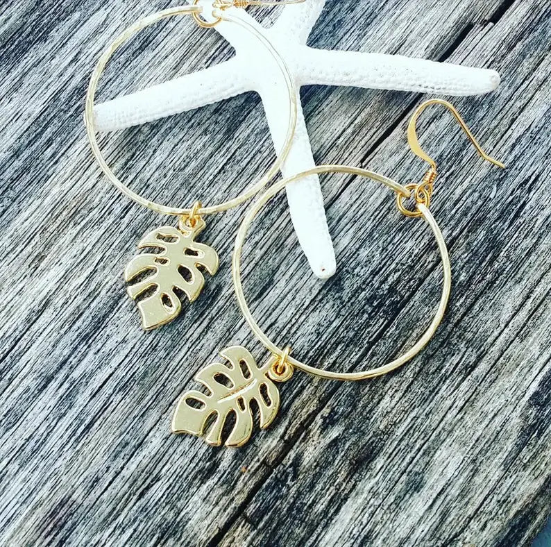 Gold Plated Dainty Monstera Leaf with Hoops