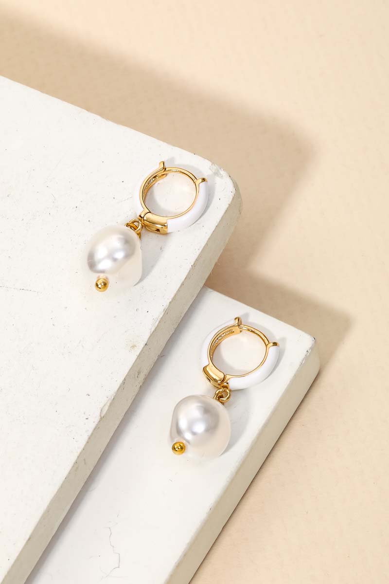 Mini Pearl Drop Huggie Earrings, White