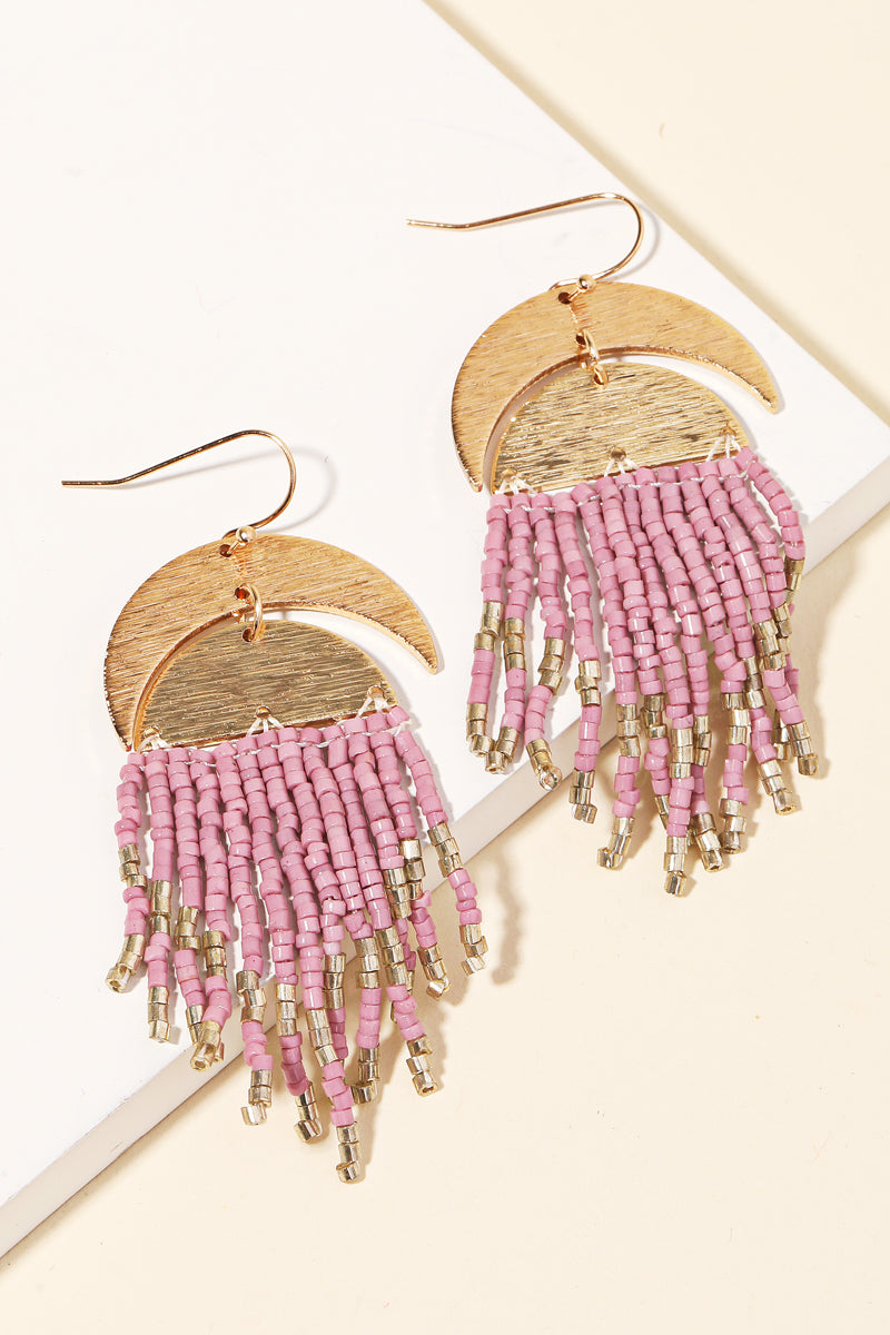 Crescent Moon Seed Beaded Fringe Earrings, Light Pink